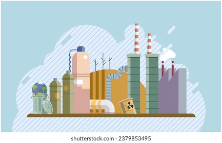 Water pollution. Vector illustration. The messy and stained environment reflected lack proper waste management Soil contamination can have detrimental effects on agricultural productivity