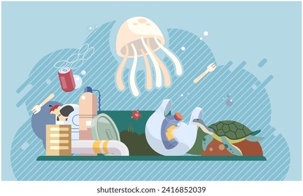 Water pollution. Vector illustration. Organic waste can be composted and reused, reducing amount waste sent to landfills Water pollution affects quality and availability freshwater resources