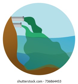Water pollution. Vector illustration of polluting ocean with waste products. Industrial pipes polluting ocean with wastes. Vector illustration.
