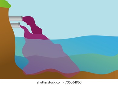Water pollution. Vector illustration of polluting ocean with waste products. Industrial pipes polluting ocean with wastes. Vector illustration.