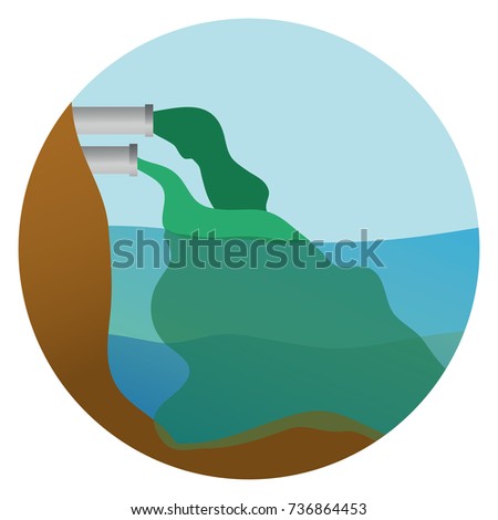 Water pollution. Vector illustration of polluting ocean with waste products. Industrial pipes polluting ocean with wastes. Vector illustration.