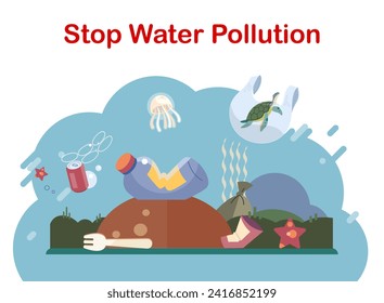 Water pollution. Vector illustration. Water pollution poses significant threat to health aquatic ecosystems The field ecology focuses on study interactions between organisms and their environment