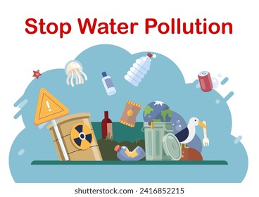 Water pollution. Vector illustration. The preservation environment is crucial for maintaining balance ecosystems Landfills are major source pollution and can contaminate nearby water sources