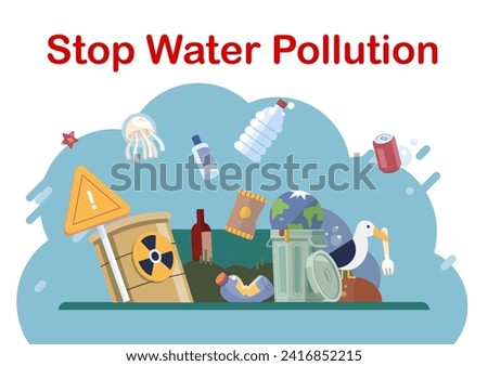 Water pollution. Vector illustration. The preservation environment is crucial for maintaining balance ecosystems Landfills are major source pollution and can contaminate nearby water sources