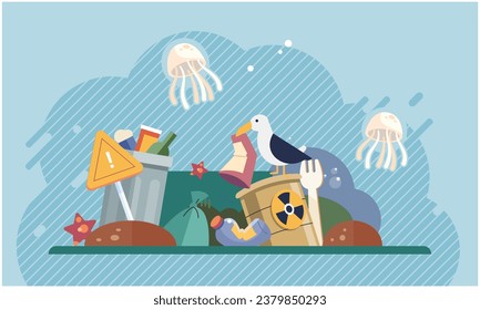 Water pollution. Vector illustration. Renewable energy sources offer cleaner alternative to fossil fuels, reducing pollution Garbage and waste management practices significantly impact cleanliness