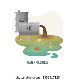 Water pollution vector, polluted liquid of dirty color with garbage and litter, organic waste apple , metal can and jar floating in river environmental. Concept for Earth day