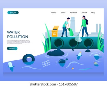 Water pollution vector website template, web page and landing page design for website and mobile site development. No plastic, save environment.