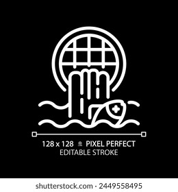 Water pollution white linear icon for dark theme. Contaminated water. Environmental damage, impact. Wastewater. Thin line illustration. Isolated symbol for night mode. Editable stroke. Pixel perfect
