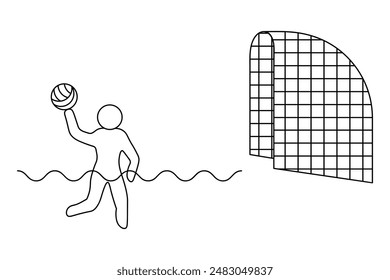 Water polo. An athlete aims the ball at the goal, preparing to score a goal. Sketch. Vector icon. A man plays a team sports game on the water. Isolated white background. Coloring book. Doodle style. 