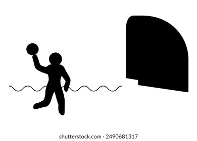 Water polo. An athlete aims the ball at the goal, preparing to score a goal. Silhouette. Vector illustration. A man plays a team sports game on the water. Isolated white background. 