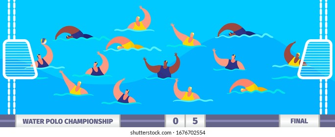 Water polo athlete players sportsmen in pool championship vector illustration. Swimmer players. Water polo teams match sporting competition. Summer sports in water with multi national people.