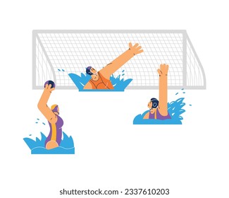 Los atletas del waterpolo se unen en personajes de billar ilustraciones planas de vectores de dibujos animados aislados en fondo blanco. Los deportistas de los waterpolo juegan al partido.