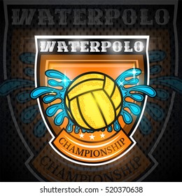 Water polo ball between water splash in center of shield. Vector sport logo on blackboard for any team or competition