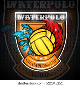 Water polo ball between water splash and fire trail in center of shield. Vector sport logo on blackboard for any team or competition