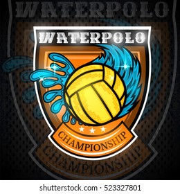 Water polo ball between water splash and wind trail in center of shield. Vector sport logo on blackboard for any team or competition