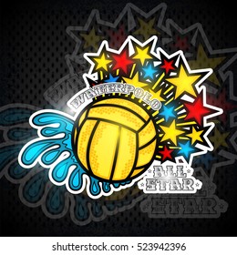 Water polo ball between water splash and flying out stars. Vector sport logo on blackboard for any team or competition