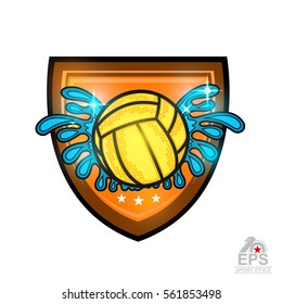 Water polo ball between water splash in center of shield. Vector sport logo for any team or competition isolated on white