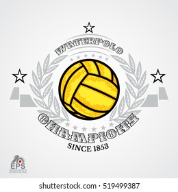 Water polo ball in center of silver wreath isolated on white. Sport logo for any team