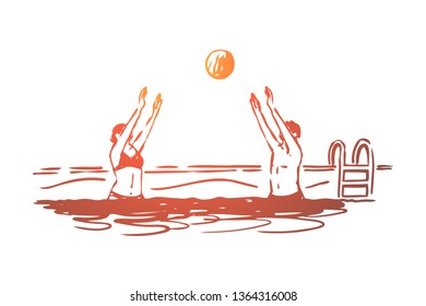 Water, polo, ball, competition, sport concept. Hand drawn people play in water polo concept sketch. Isolated vector illustration.