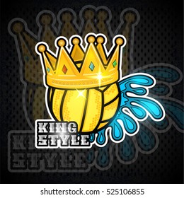 Water polo ball with crown and water splash king style. Vector sport logo on blackboard for any team or competition