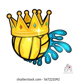 Water polo ball with crown and water splash from one side. Vector sport logo for any team or competition isolated on white