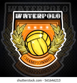 Water polo ball in the middle of gold wreath in center of shield. Sport logo for any team or competition