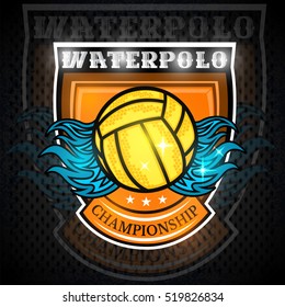 Water polo ball with water splash in center of shield. Vector sport logo on blackboard for any team or competition