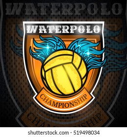 Water polo ball with water splash on top in center of shield. Vector sport logo on blackboard for any team or competition