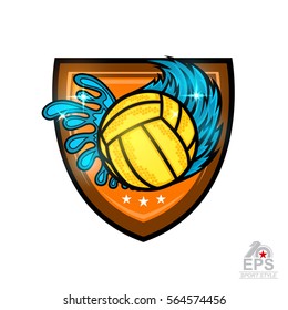 Water polo ball with water splash from one side and from other wind trail in center of shield. Vector sport logo for any team or competition isolated on white