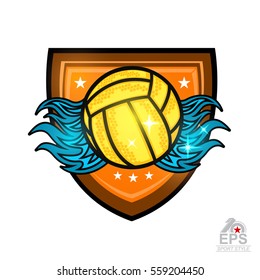 Water polo ball with water splash under in center of shield. Vector sport logo for any team or competition isolated on white