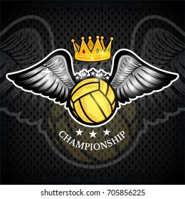 Water polo ball with wings and crown on blackboard. Vector sport logo for any team and championship