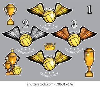 Water polo ball with wings cups and crown. Vector set of sport logo for any team and championship