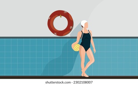 Water polo cartoon female player in action concept vector illustration. Woman stands with the polo ball near the wall in pool. 