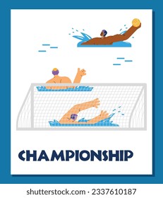 Plantilla de afiches del campeonato de waterpolo, ilustración vectorial de dibujos animados planos aislados en fondo blanco. Cartel publicitario del juego de waterpolo con personajes deportivos.