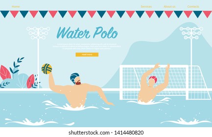 Water Polo Competition or Training with Sportsmen in Rubber Hats Playing with Ball in Swimming Pool. Sport, Healthy Lifestyle Activity, Championship Tournament Cartoon Flat Vector Illustration, Banner