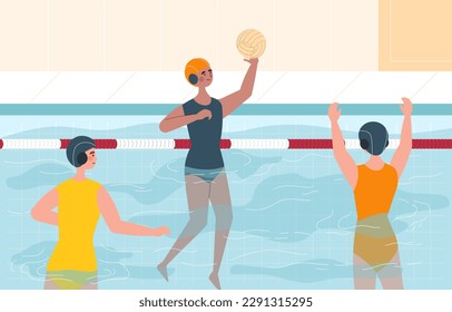 Water polo concept. Boys and girls in swimsuits play with ball in swimming pool. Active lifestyle and team sport, training. Competition and tournament. Cartoon flat vector illustration