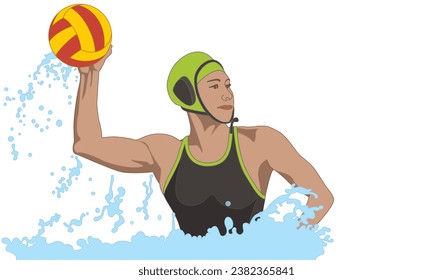 atleta de waterpolo femenino tirando bola aislada en un fondo blanco