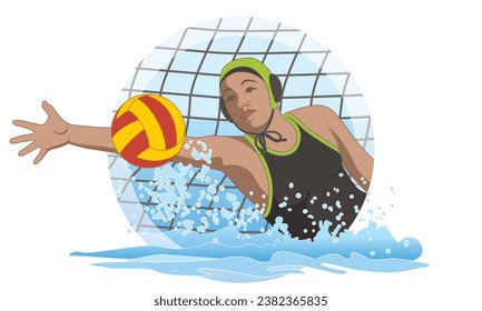 futbolista femenina portera de waterpolo salvadora de la red aislada en fondo blanco