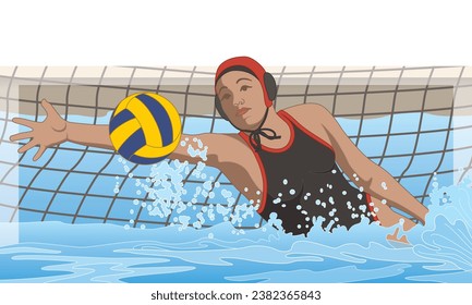 water polo female goalkeeper saving ball from net in swimming pool