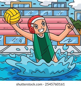 Jugador femenino del waterpolo que coge la bola coloreada 