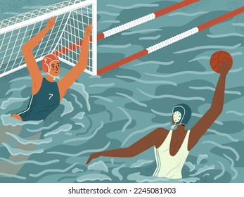 Futbolistas del waterpolo femenino en la ilustración vectorial del concepto de acción. Natación femenina y deportes acuáticos. El equipo de waterpolo juega en torneo. Jugador de ataque atleta con bola