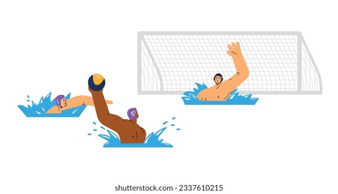 Water polo field players and goalkeeper throwing ball, flat vector illustration isolated on white background. Team sport concept. Men playing with ball in swimming pool.