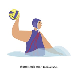 Water polo flat vector illustration. A man in the water in a swimming folder, a sports helmet, holds a ball in his hand and prepare for the throw. Championship, Competition, Sports types concept.