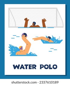 Water polo game, poster with text, flat vector illustration. Men playing water polo in swimming pool. Professional players throwing ball in goal.