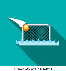 Water polo gates and ball icon in flat style on a turquoise background