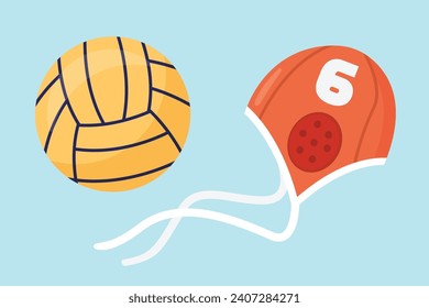 Water polo gear illustration. Aquatic sports ball and cap, flat vector graphics. 