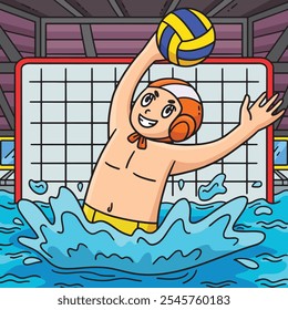 Water Polo Goalie Blocking Ball Colored Cartoon