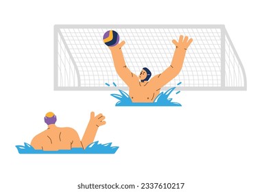 El portero del waterpolo atrapando la pelota, ilustración vectorial plana aislada en el fondo blanco. Hombres jugando al waterpolo en la piscina. Concepto de juego deportivo.