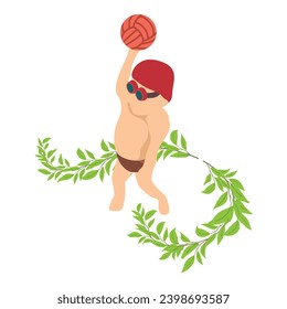 Water polo icon isometric vector. Water polo player throwing ball, green branch. Competition, sport concept