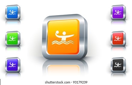 Water Polo Icon on 3D Button with Metallic Rim Original Illustration